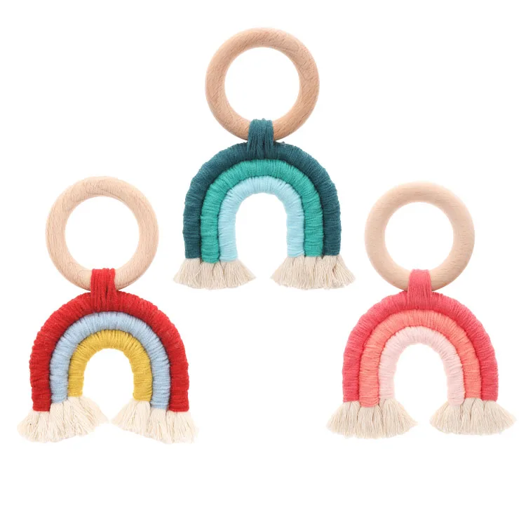 

Ins Hot Sale Rainbow Teether Toy Wood Teething Ring For Baby