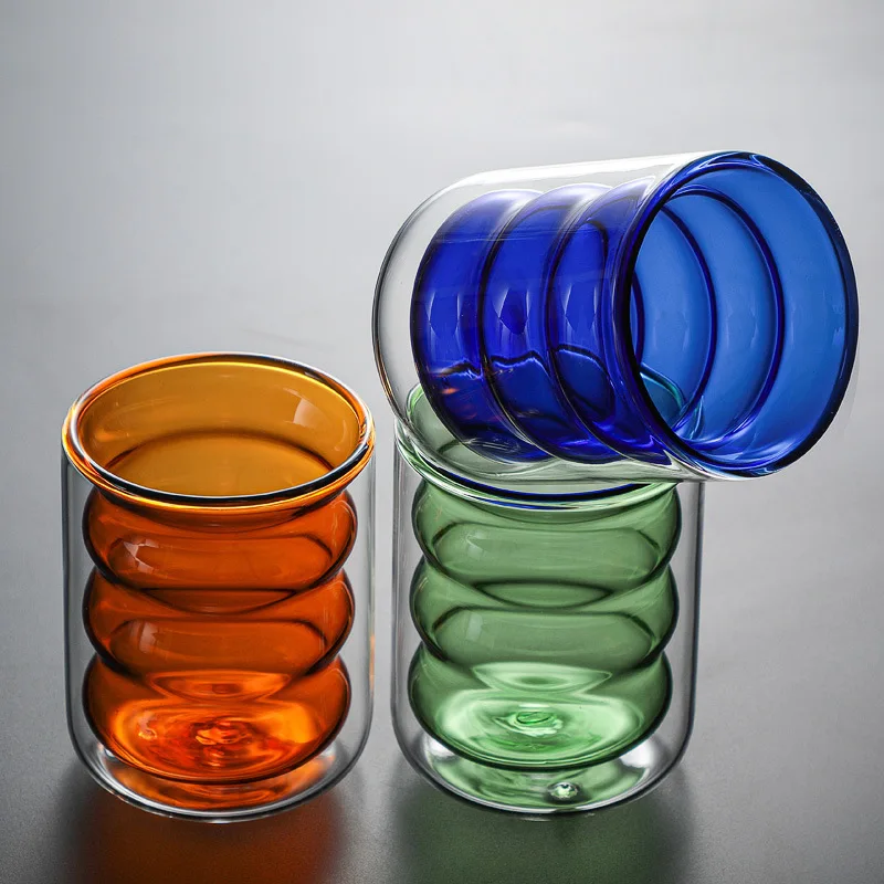 

New Type Hand Blown double wall borosilicate glass mug, Clear,amber,green,blue