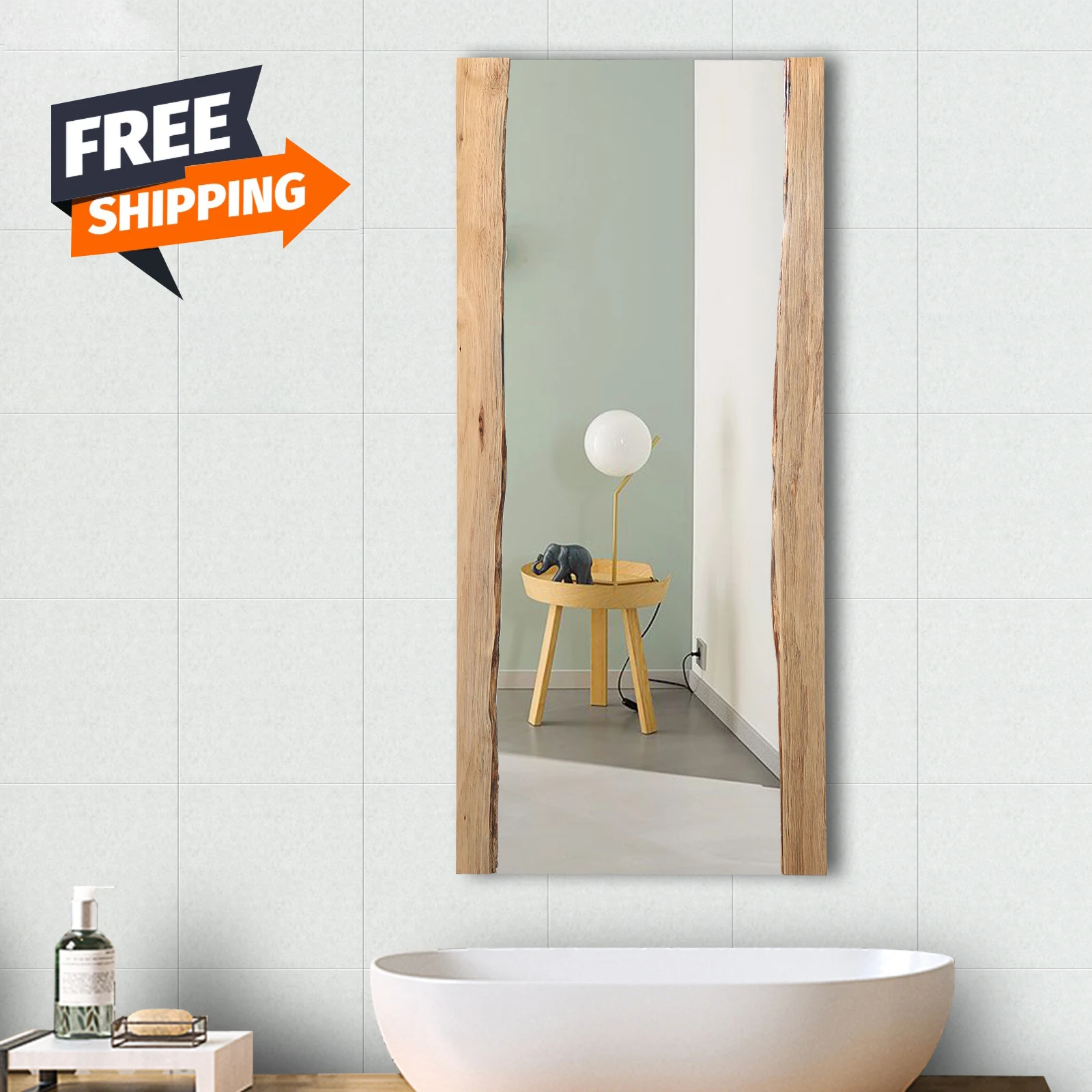 

Free Shipping Wood Frame Rectangle Wall Mirror Farmhouse Bedroom Bathroom Hanging Mirror Wall Decor, Wooden