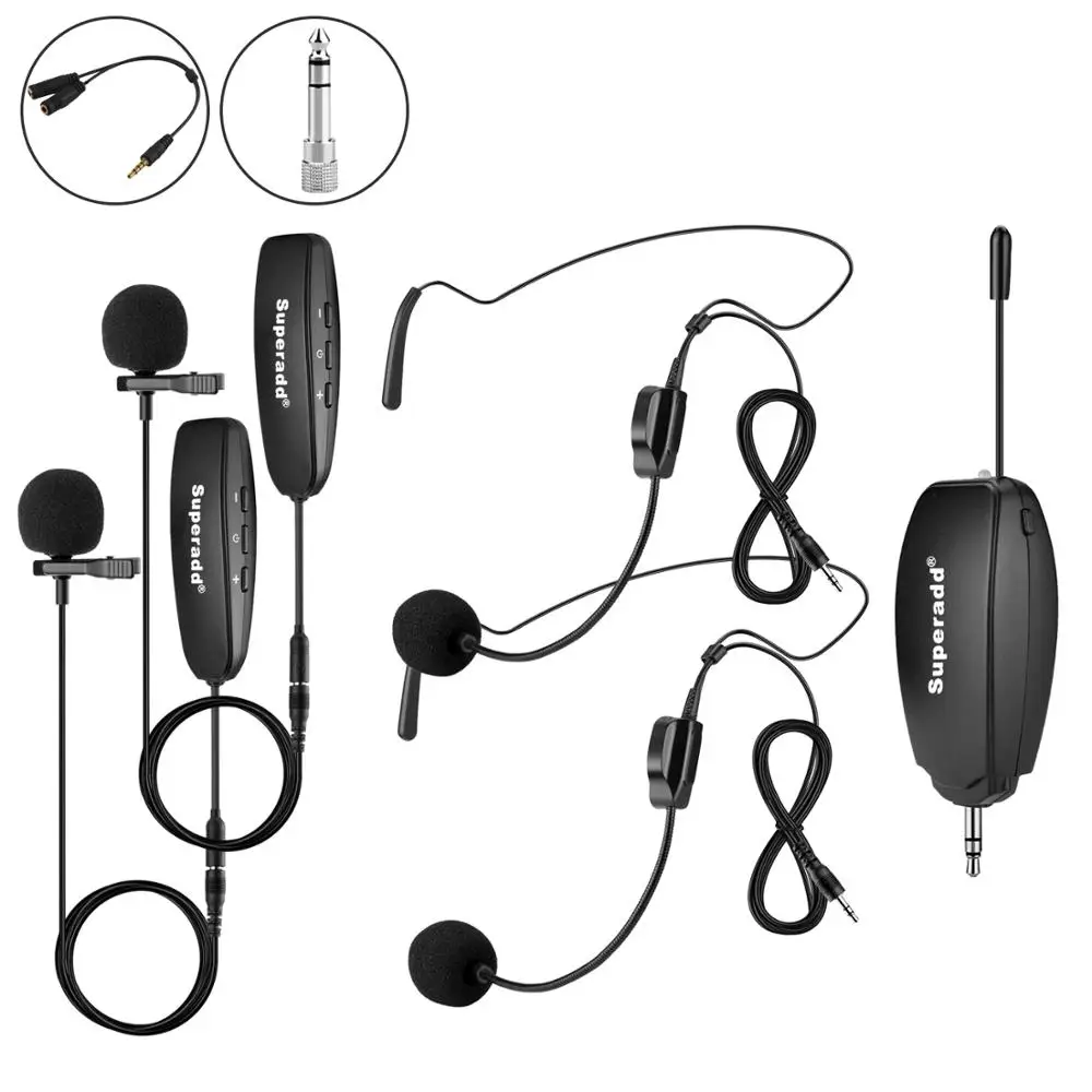 

Superadd Wireless Lapel & Headset Microphone System 2 Lavalier & 2 Headset mics, Ideal for Speakers, Fitness, Phones, Cameras