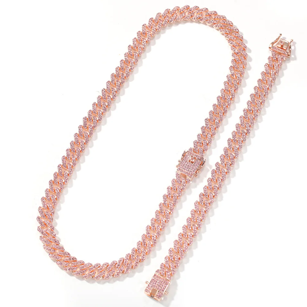 

12mm Pink Cuban Chain Iced Out Rhinestone Zinc Alloy Rose Gold Plating Miami Cuban Link Chain Necklace Wholesale Jewelry, As picture