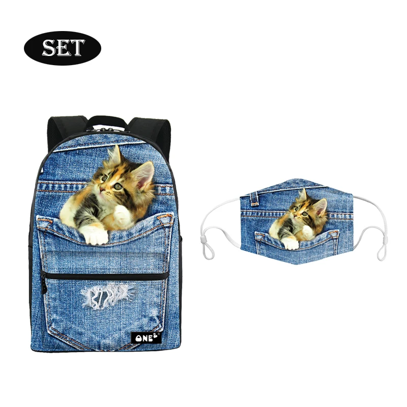 

Wholesale Top Quality custom design backpack jeans pocket cute cat print backpack for college large capacity backpack teenager, Customized