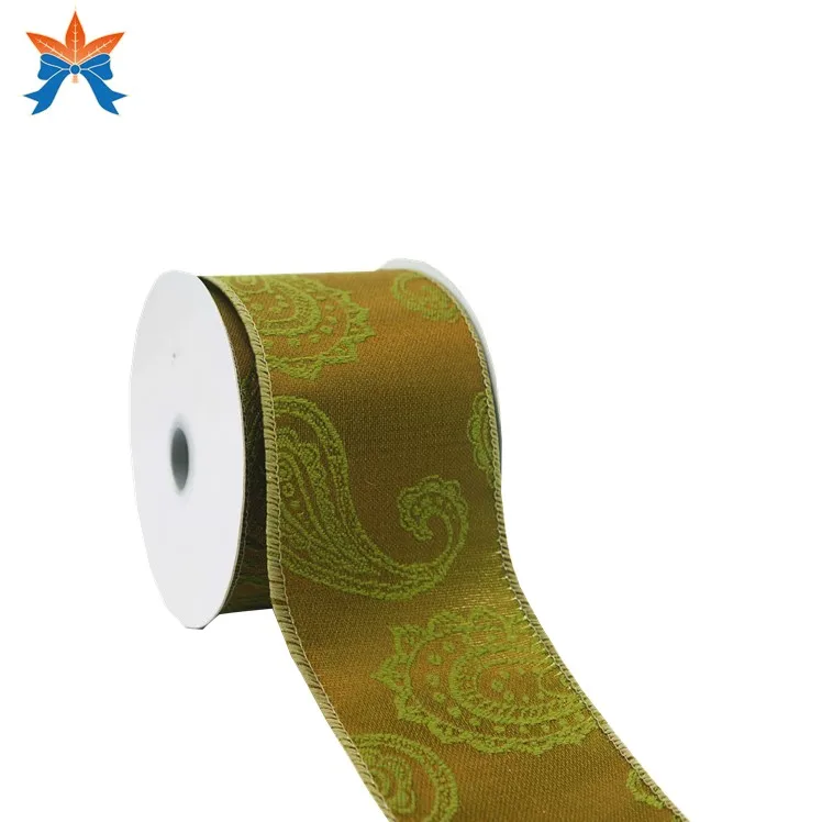 

Moss Green Jacquard Amoeba Wired Ribbon Satin