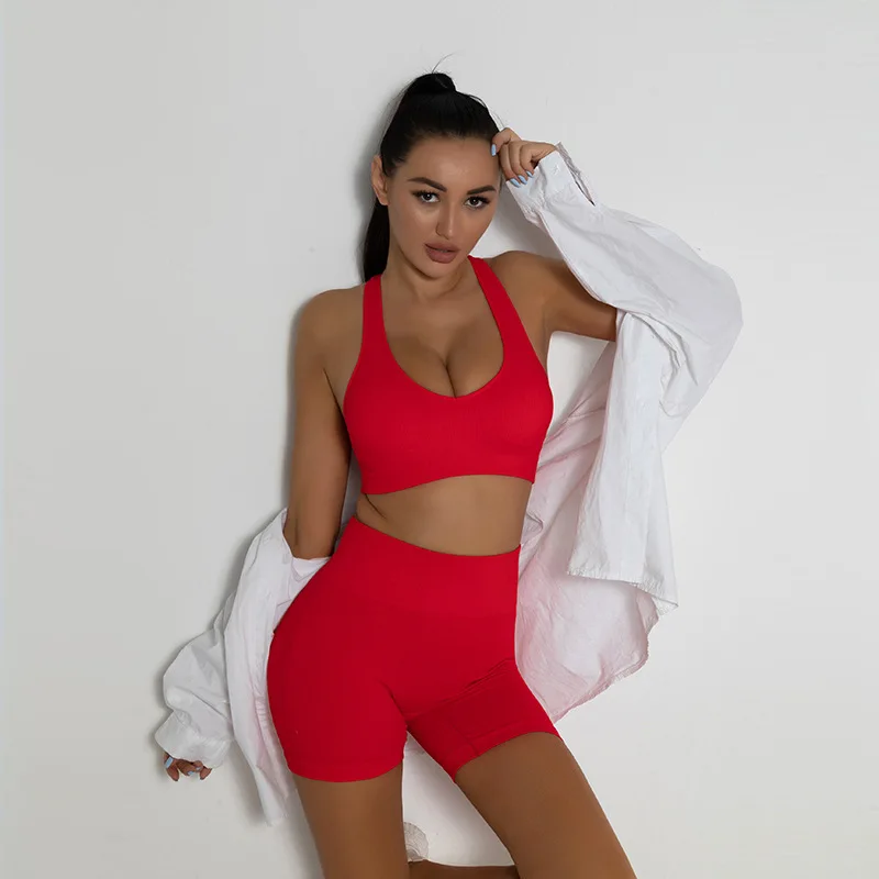 

Tiktok Popular Seamless Sexy High Impact Bra 2 Pieces Fitness Set Gym Active Clothes Womens Yoga Gym Track Suits