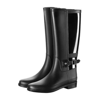 

2019 New wild Fashion Womens Wellies WaterProof Kneeboots Leather Hight Quality Rubber Sole Boots Rain Shoes Black & Brown