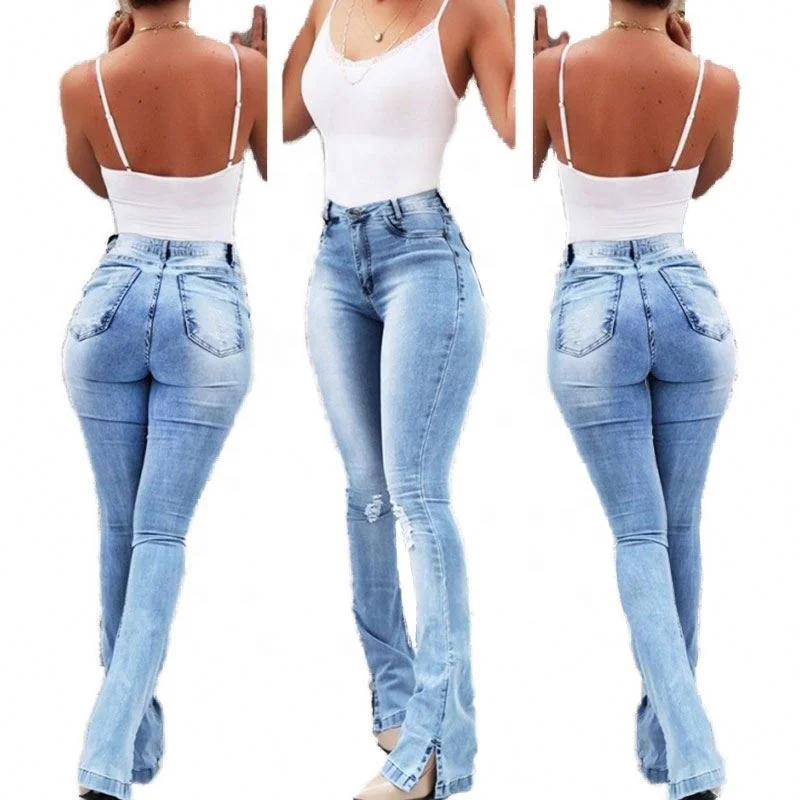 

2021 New fashion women jeans pants stretch high waist washed ripped boot cut jeans for women, As picture