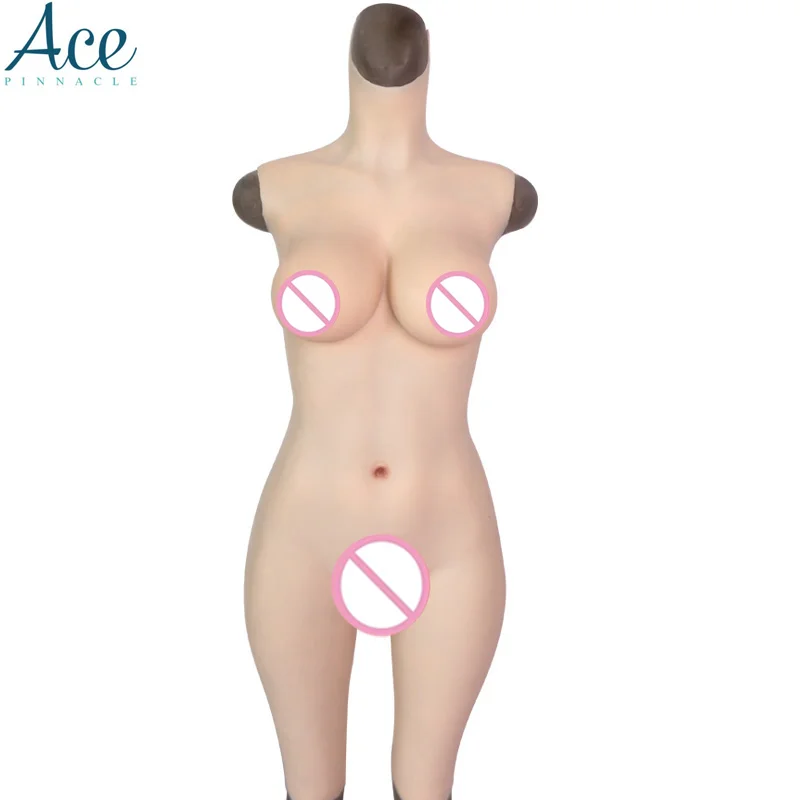 
D Cup Solid Silicone High Collar Vagina Breast Forms Full body Suit Crossdressers full body silicone body suit 