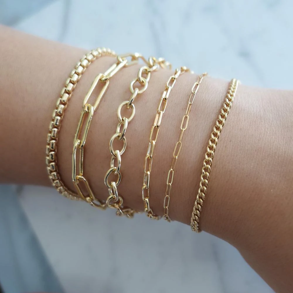 

2020 Custom Women Simple Stainless Steel 14k Gold Filled Link Chain Layered Bracelet,Rectangle Paper Clip Chain Bracelets