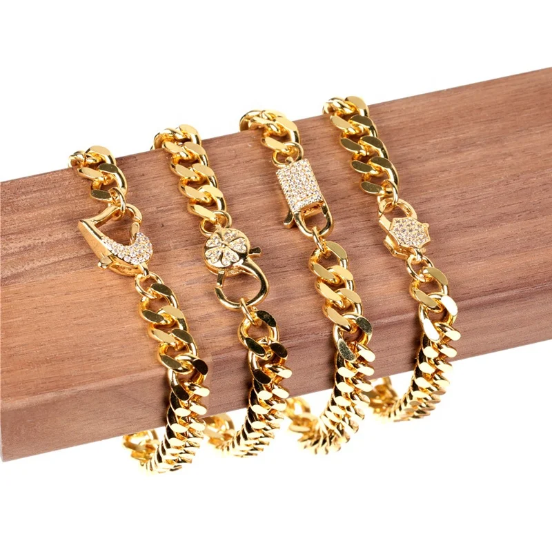 

Hip Hop jewelry 18k Gold Plated Curb Cuban Link Chain Bracelet With CZ Pave Lobster Clasp