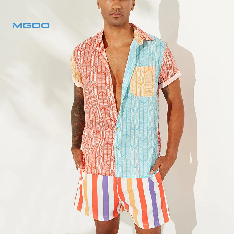 

MGOO Vertical Striped Arrow Printing Shirt Tropical Style Two Tone Printed Pocket Shirt for Men, Custom color