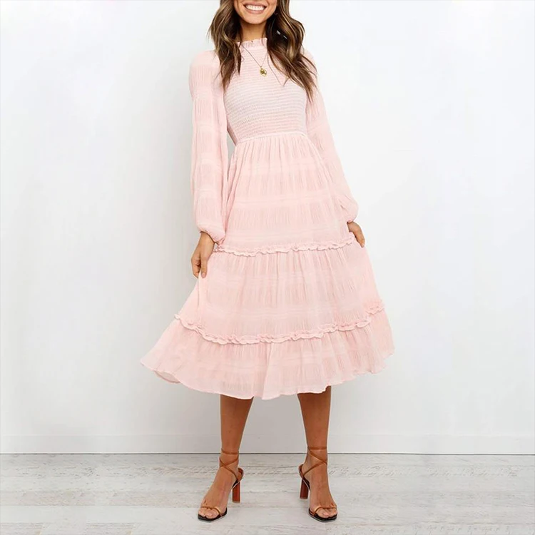 sweet autumn new fashion pink Lantern Sleeve waist chiffon dress long sleeve midi dress