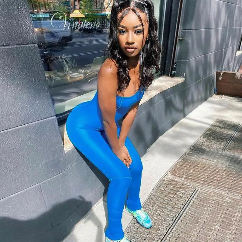 

Free Shipping New Style One Shoulder Blue & Black Jumpsuit Pants Plain One Piece Women Jumpsuit