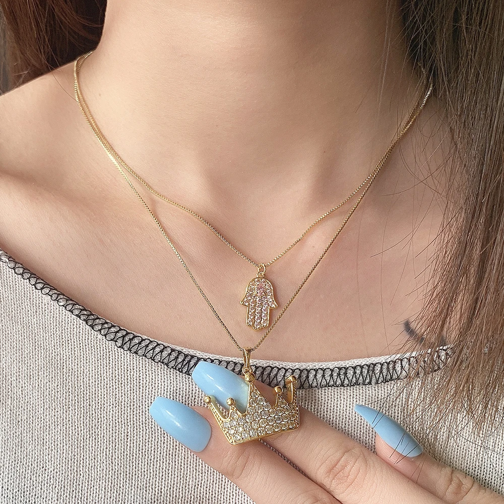 

fashion new style hamsa hand blue zircon necklace gold plated diamond iced out necklace, Golden