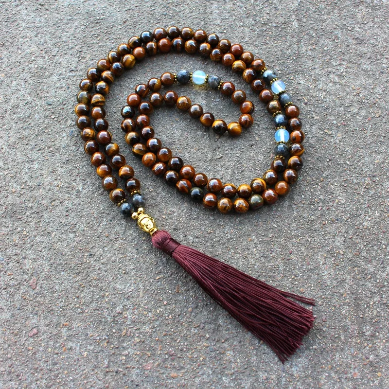 

National style necklace natural stone tiger stone beads handmade beads Buddha head long tassel jewelry necklace