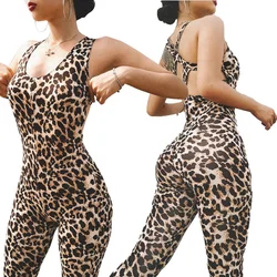 New design Leopard Women Yoga Clothes Exercise One Piece Vest Tops Jumpsuit Gym leopard yoga set