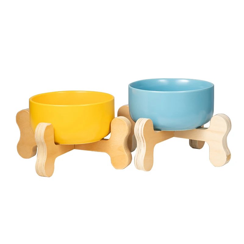 

800ml Large Capacity Bone shaped Wood Stand Matte Ceramics Pet Bowl cat dog food bowl, White/black/yellow/blue/green/pink