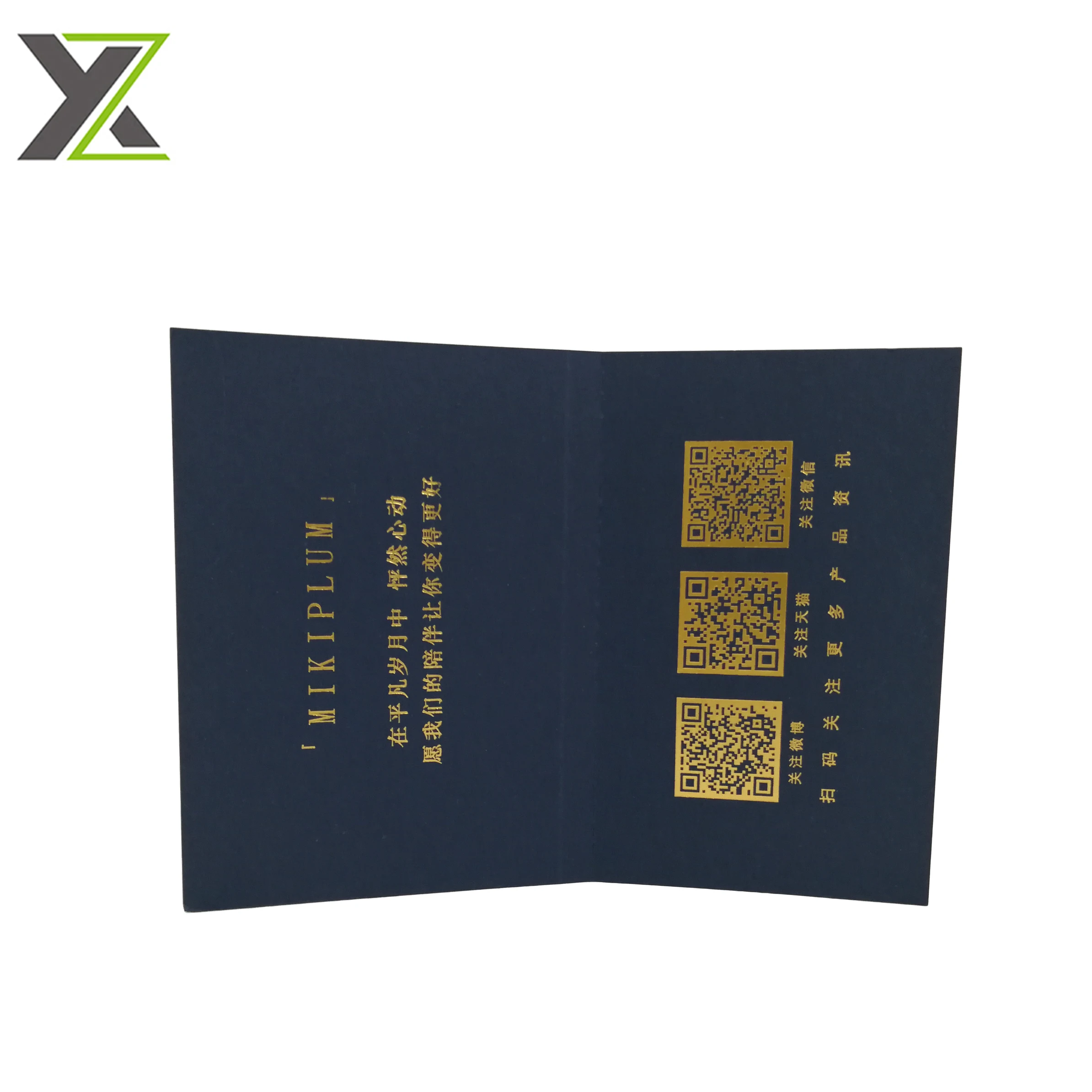 
Custom blue fancy paper gold foil QR code foldable gift cards for facial tissue 