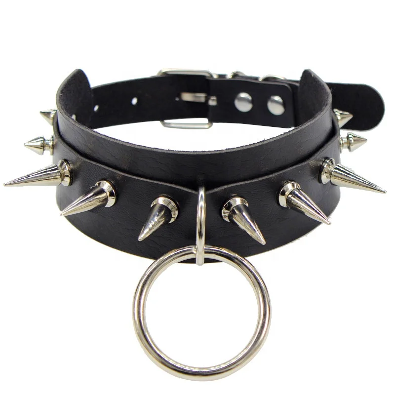 

Personalized Punk Rock Gothic Dark Black Big O-Round PU Leather Spike Rivet Choker Collar Necklace For Women, 8 color you pick