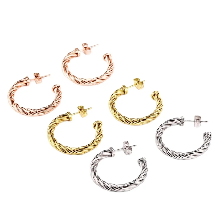 

2021 Trendy Earring Gold Plated Textured Twisted Circle Hoop Earrings Stainless Steel Croissant Earrings Women