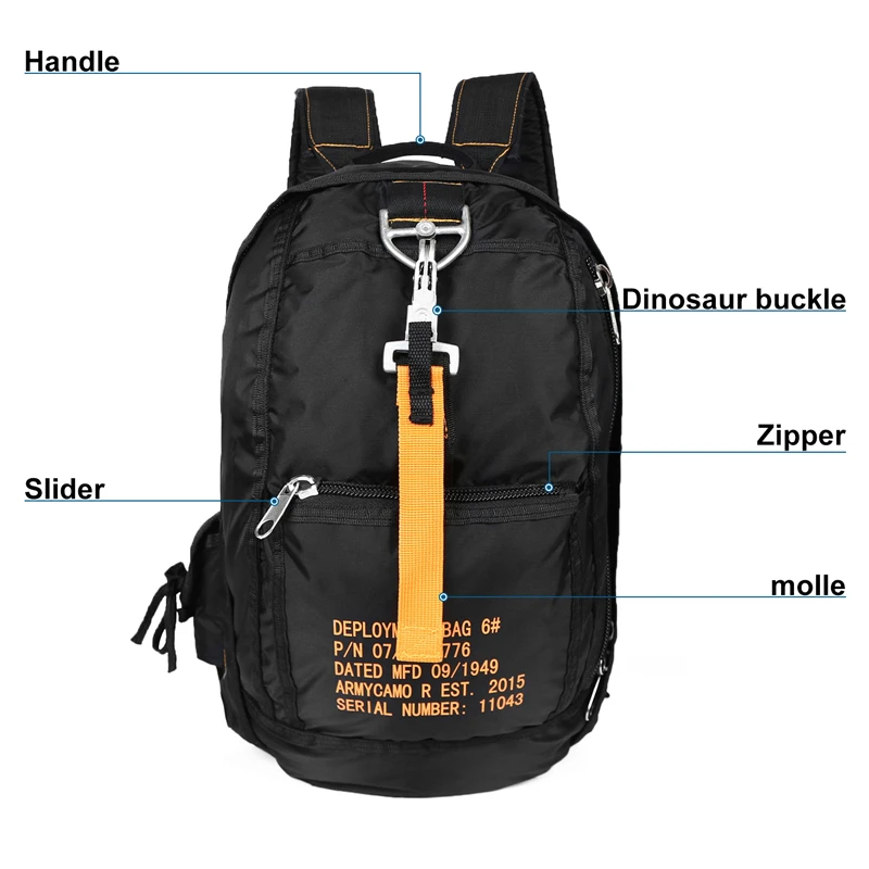 

Hot Sell Fashion Outdoor Nylon Parachute Military Backpack For Travelling Camping caza escalada, Black