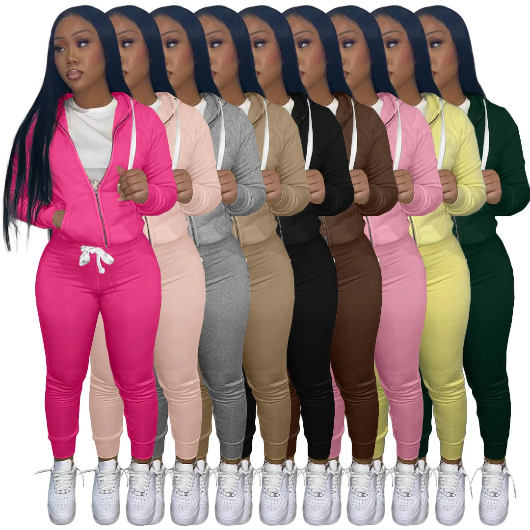 

Casual Solid Hoodie Fall Autumn 2021 Women Ladies Two Pieces Jogger Set Womens Sweat Pocket Crop Sweatsuit 2 Piece Pant Sets, Pink,orange,gray