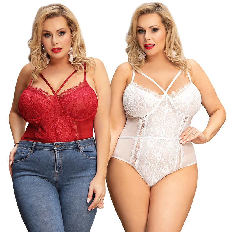 

OHYEAH Plus Size Teddies Bodysuits Lingerie Fat Girl Sleeveless Mesh Sexy Lace Bodysuits For Women