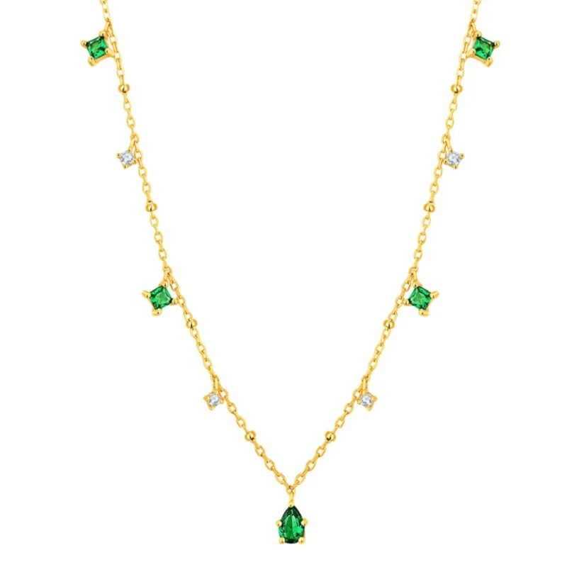 

Vintage Emerald Stone Necklace Girl Thin Chain Small Beads Gold Plated Necklace