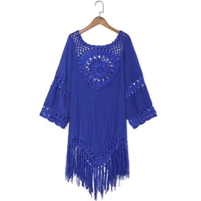 

Knit sunblock Bohemian hand hook with large circular stitching loose tassel bikini hollow-out blouse