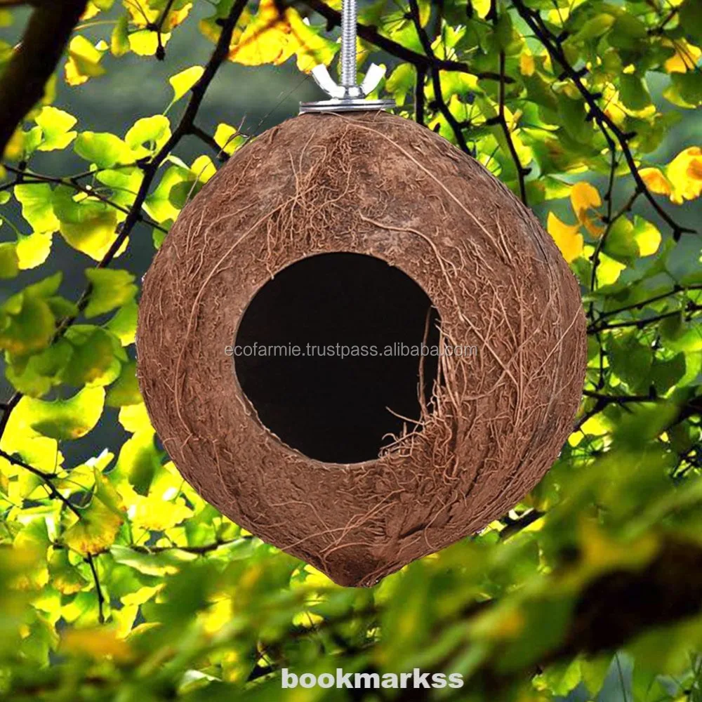 Handmade Natural Coconut Shell Bird House With Strings Of Various