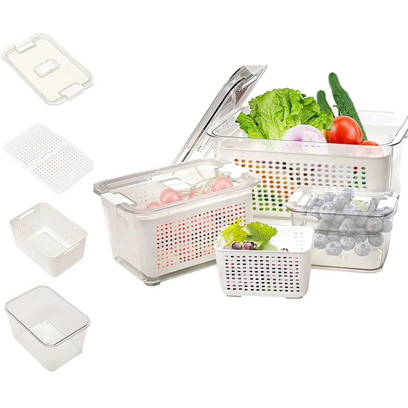 

3 PACK Produce Saver Container BPA Free Vegetable Storage Containers Fruit and Salad Partitioned Food Storage Container, White/gray/green