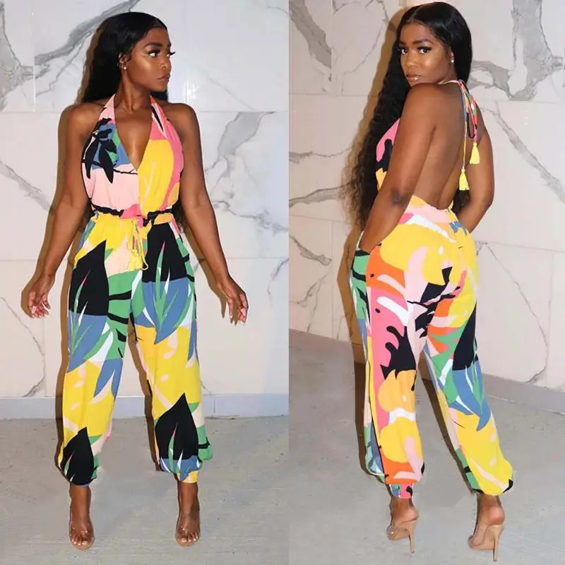 

Deep V Printing Bandage Backless Clothing Rompers Womens One Piece Jumpsuit