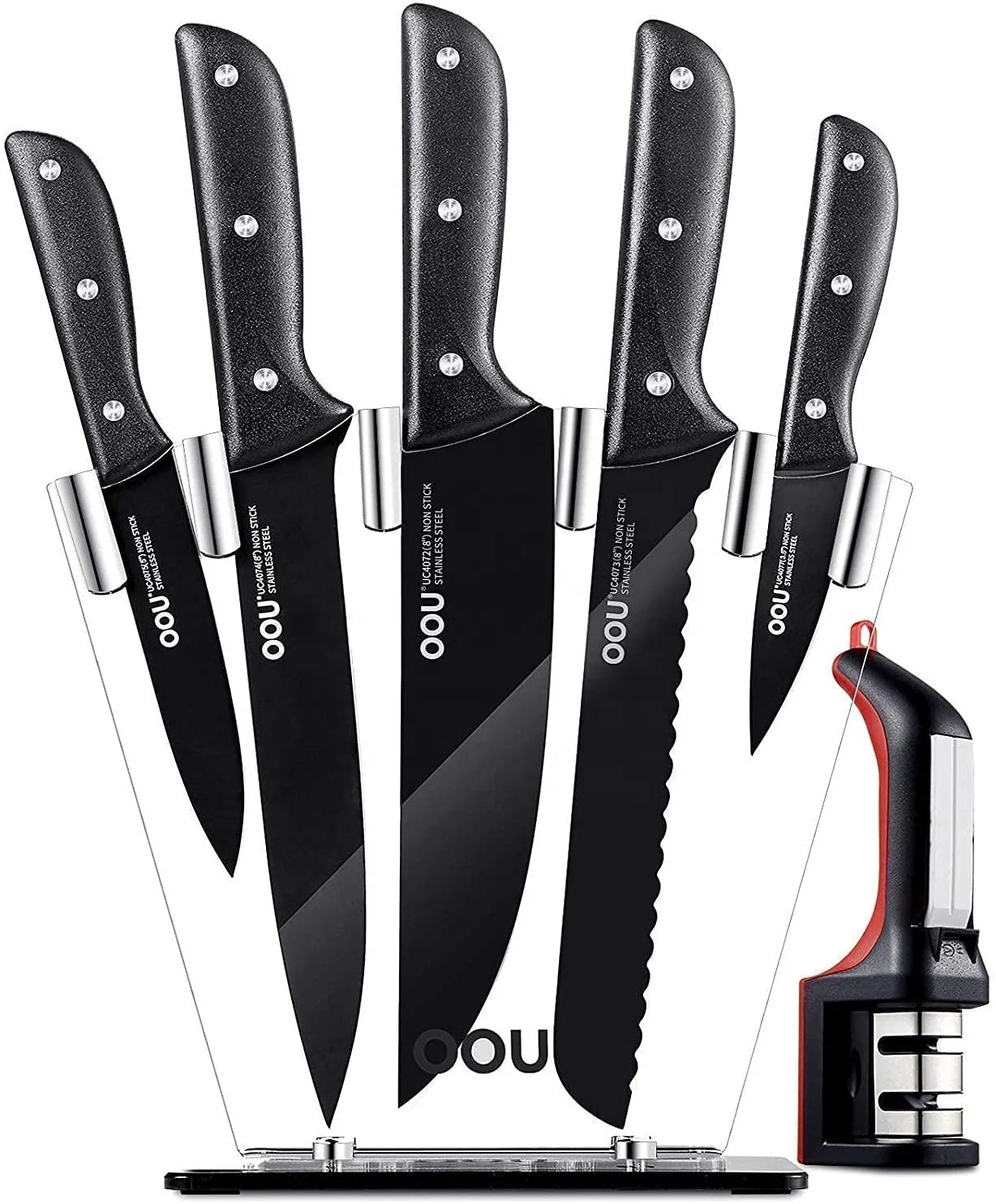 

Amazon High Carbon Professional Stainless Steel Chef 7pcs Kitchen Knife Set with Knife Sharpener Scissors Acrylic Block, Customized color