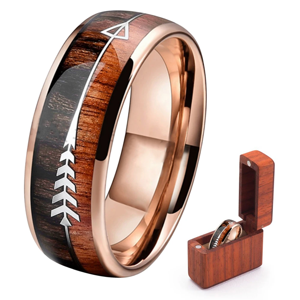 

8mm Koa Wood & Zebra Wood with Two Hunting Arrows Inlay Domed Rose Gold Plated Mens Tungsten Carbide Wedding Ring