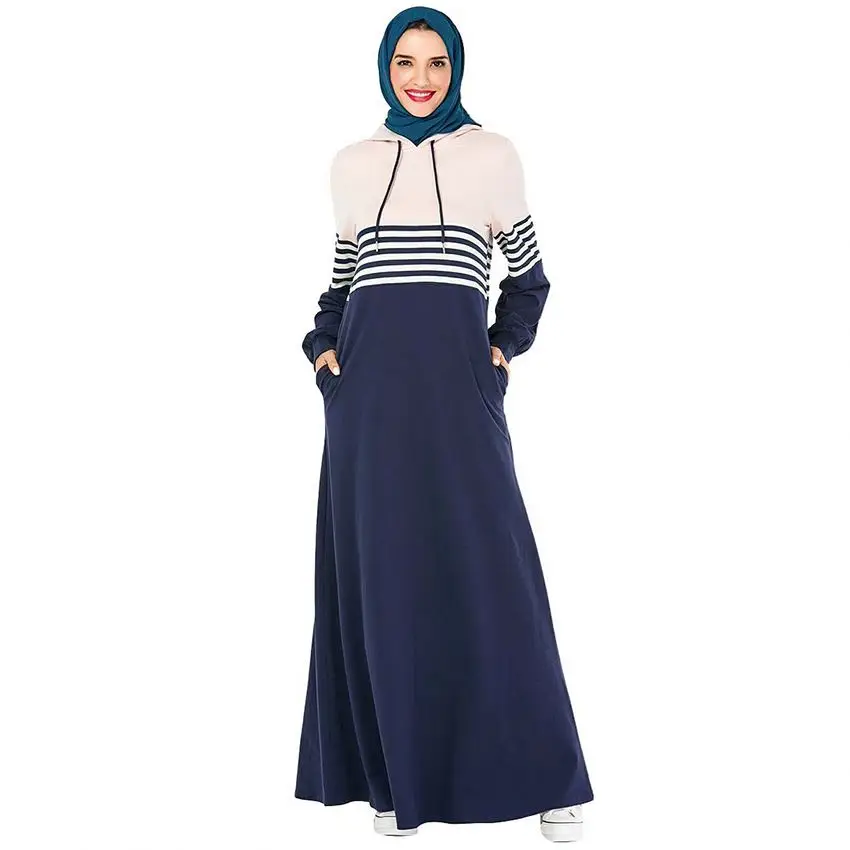 

Middle east navy sweater hooded pocket stitching Abaya Dubai Abaya with Belt High Quality striped arabic dress maxi Dresses