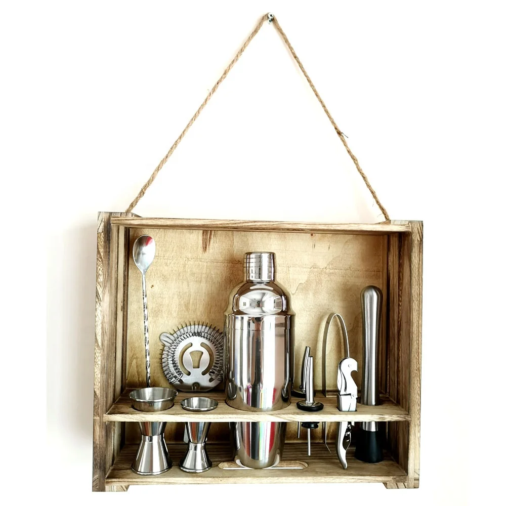 
Custom Logo Home Bar 304 SS 11 Piece Bar Tool Set with Patent Pending Rustic Wood Stand Bartender Cocktail shaker set 