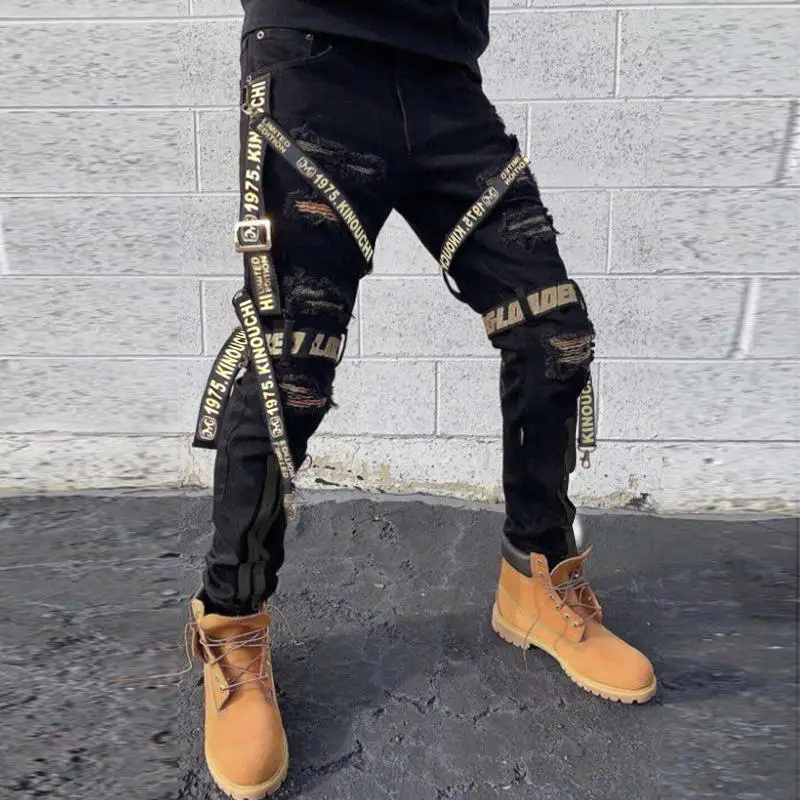 

In Stock Street Fashion Hip Hop Jeans Pants with Ribbons Letter Print Ripped Pencil Jeans Men Slim Fit Man Pants Denim Jens