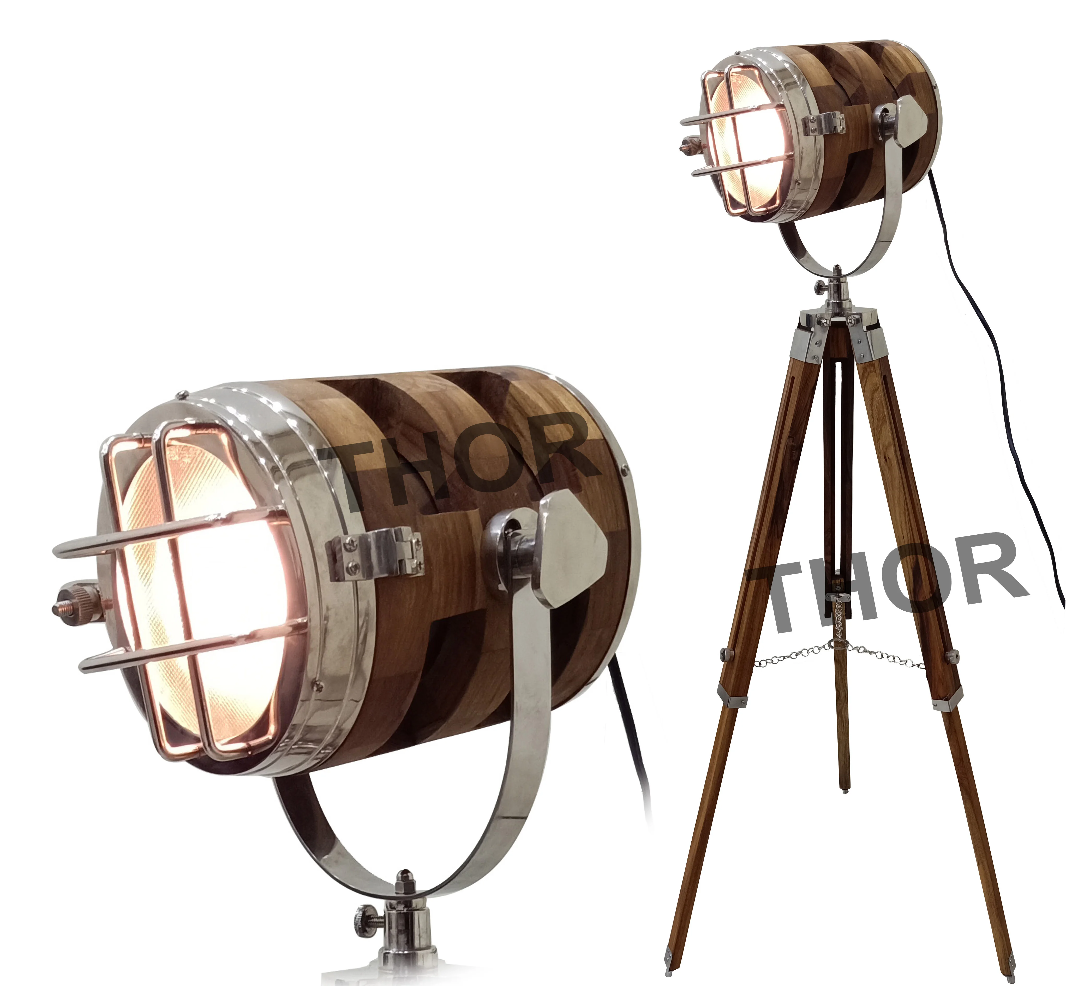 Spotlight Searchlight Wooden Tripod Floor Lighting Stand Vintage Home Decor