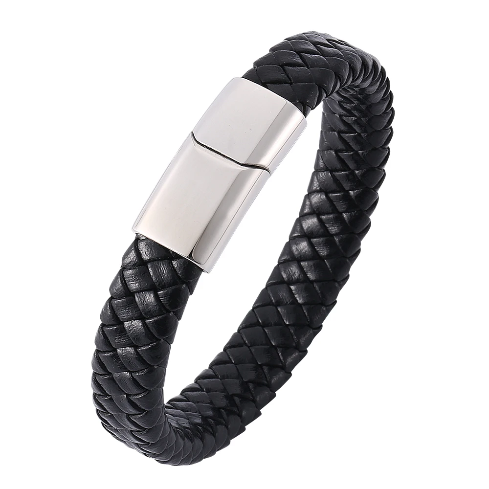 

Punk Black Braided Leather Bracelet for Men Stainless Steel Magnetic Clasp Fashion Bangles Male Wrist Band PW736