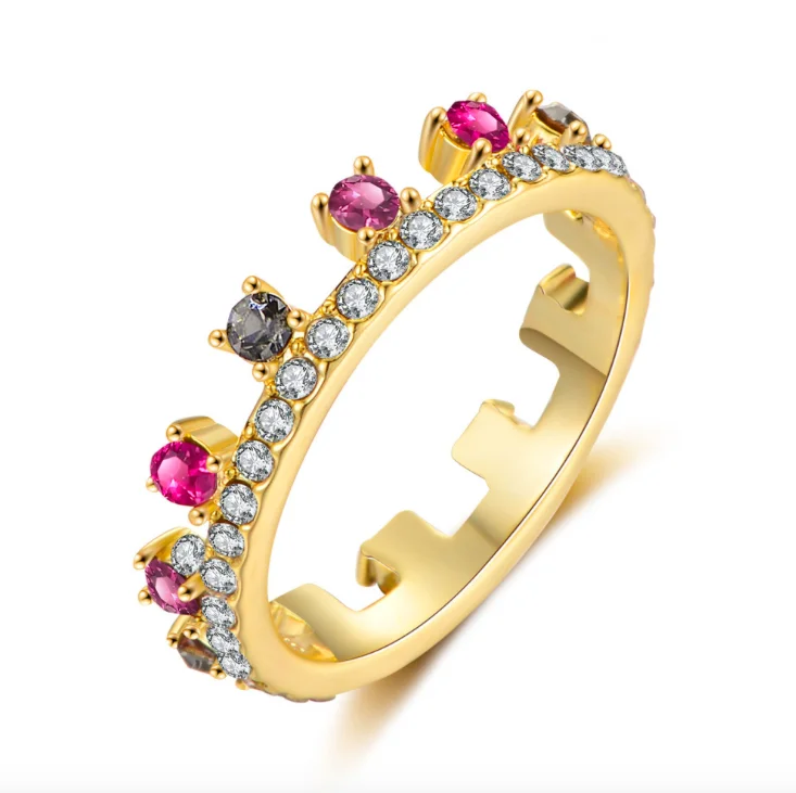 

Jialin jewelry factory price cheap fashion ins hot gold plated women's cubic zirconia finger colorful stone rainbow crown ring