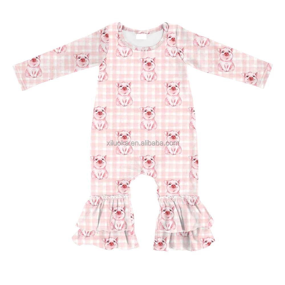 

2021 New Design Newborn Boutique Clothing Cute Pig Print Long Sleeve Baby Girl Ruffle Jumpsuit