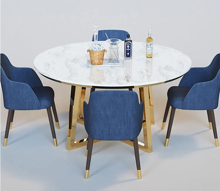Hot sell gold metal leg cover modren dining table round shape and dining chair set for sale