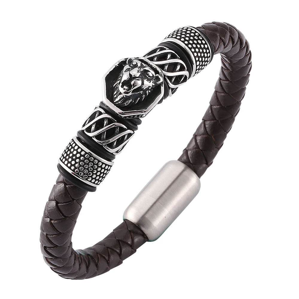 

Men Wristband Brown Leather Braided Bracelet Lion Stainless Steel Magnetic Clasp Vintage Bracelets Bangles SP0143