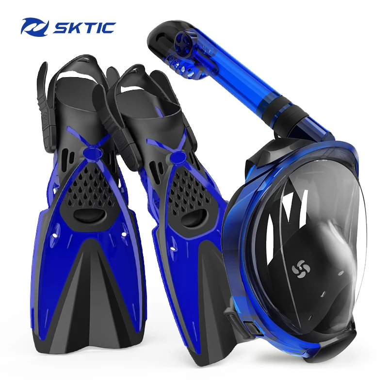 

SKTIC Hot-sale Anti Leak Panoramic Anti-Fog Clear View snorkeling mask short blade fins snorkeling mask with fins for men women, Black blue