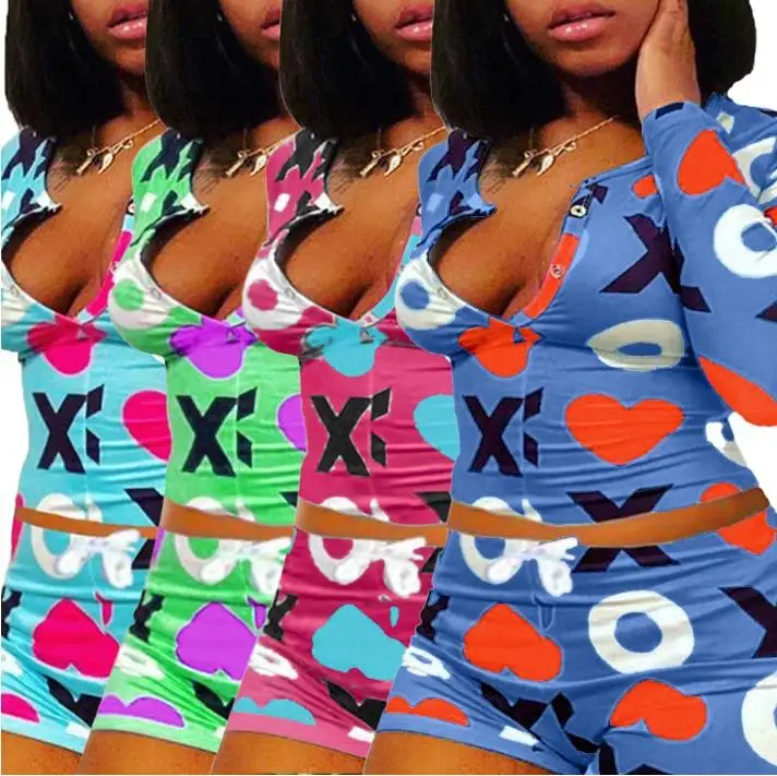 

Hot Sale Women Summer Set Cartoon Print Short Sleeve T-shirt Top Skinny Sexy Short Pant Women Casual 2 Pcs Set