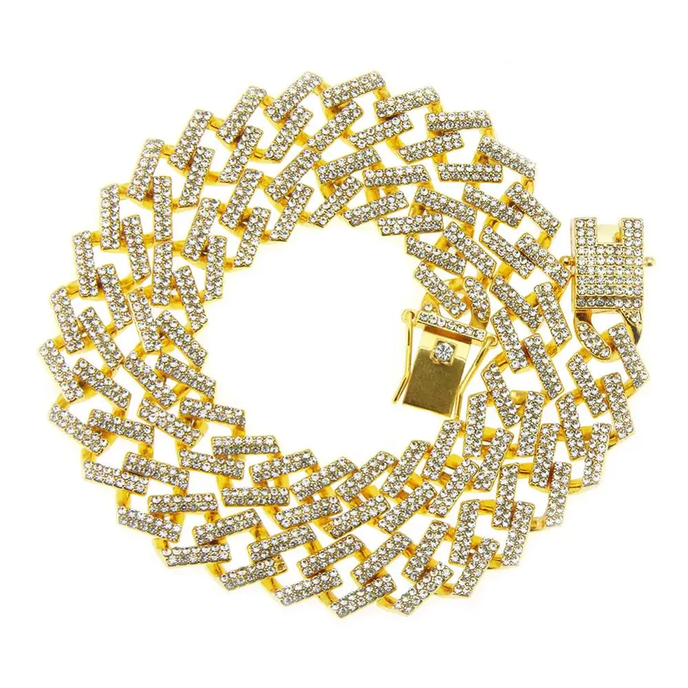 

European Fashion Hotselling Hips Hops Gold Plating 13mm Geometric Rhombus Rhinestone Crystal Cuban Chain Necklace