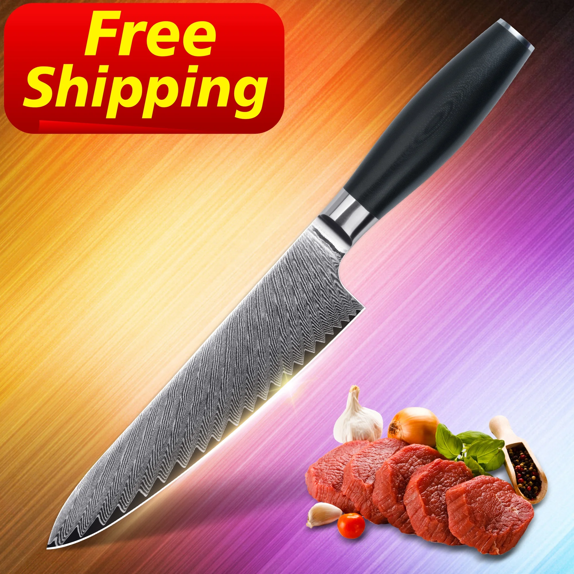 

Free Shipping orders over 100 pcs 8 inch Damascus vg10 kitchen chef knife 67 layers kitchen knives with olive shape handle, Customized color