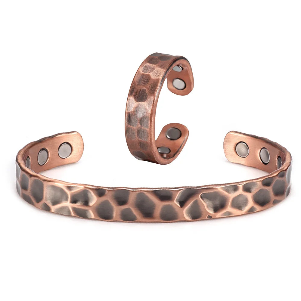 

Energinox Antique Hammered Magnetic Bracelet Natural Relief Magnetic Cuff Copper Ring Set