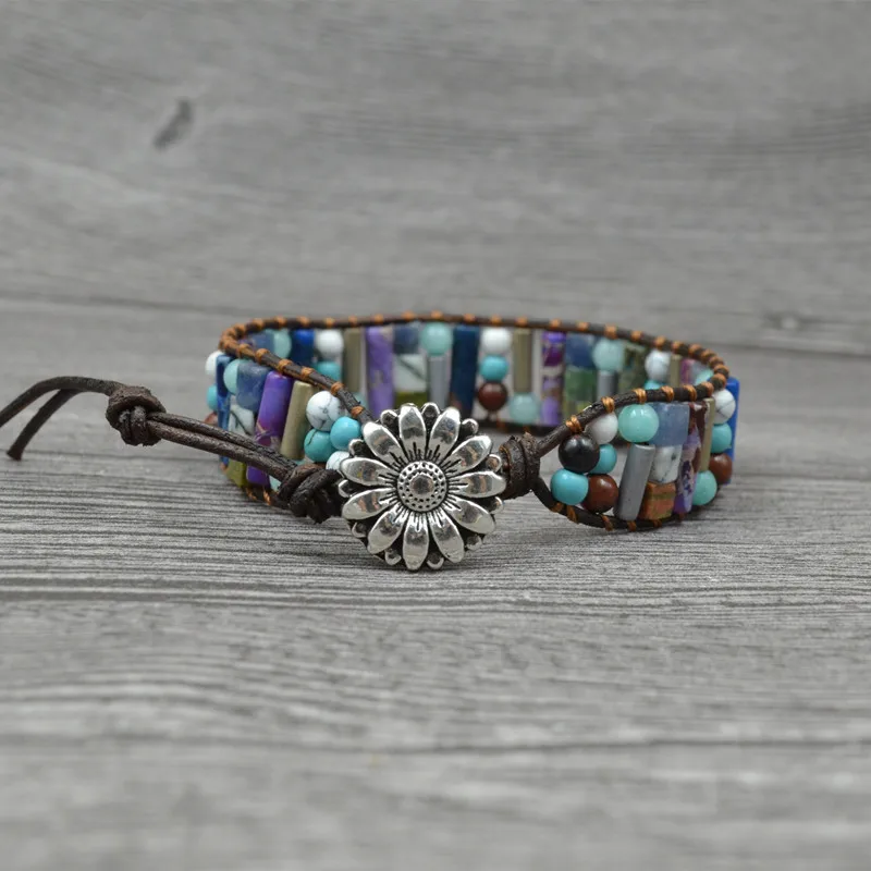 

Boho Vintage Handmade Agate Turquoise Yoga Healing Energy Woven Beaded Bracelet Natural Stone Bracelet with Sunflower Charm