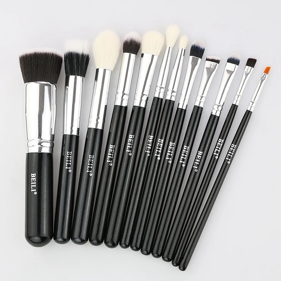 BEILI Professional Natrual Goat pony Hair 12PCS makeup brushes hot sale Cosmetic Tool black Makeup Brush Set amazon
