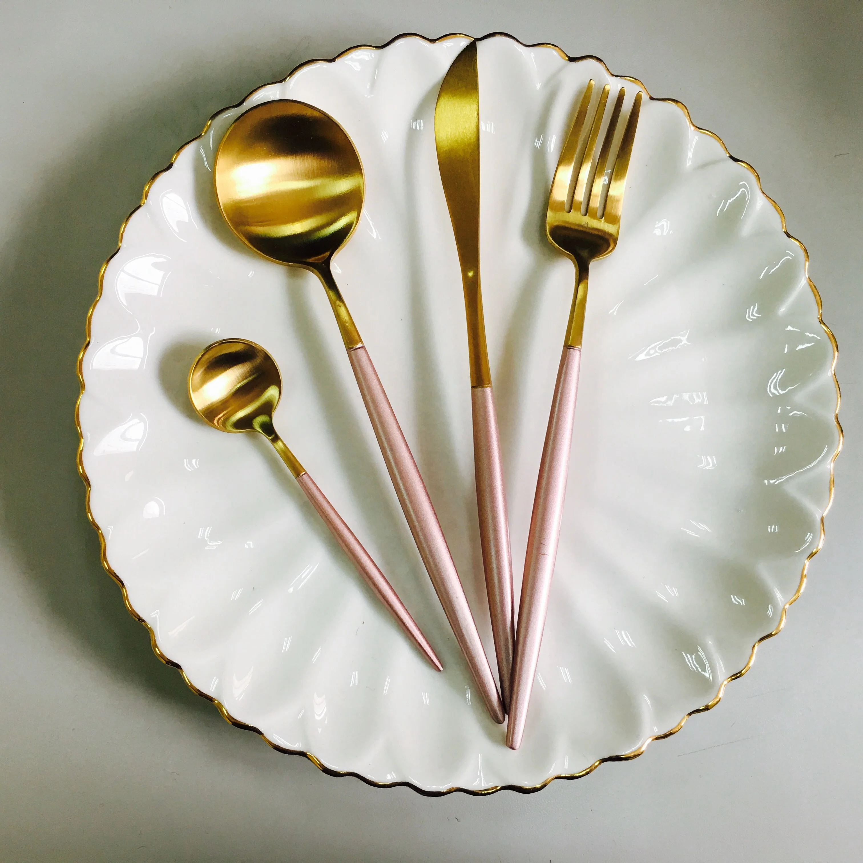

high quality OEM portugal stainless steel 304 (18/10) PVD pink matte gold forks spoons knife cutlery set flatware, Sliver